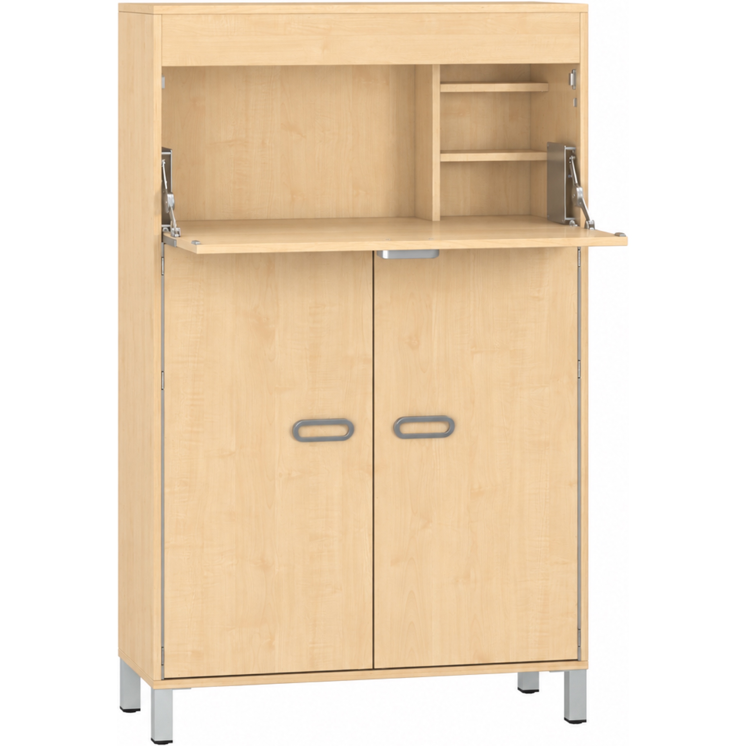 Pureo Kast met werkplek op stahoogte decor B 100 x H 150 x D 42 cm in ahorn – aanzicht 2